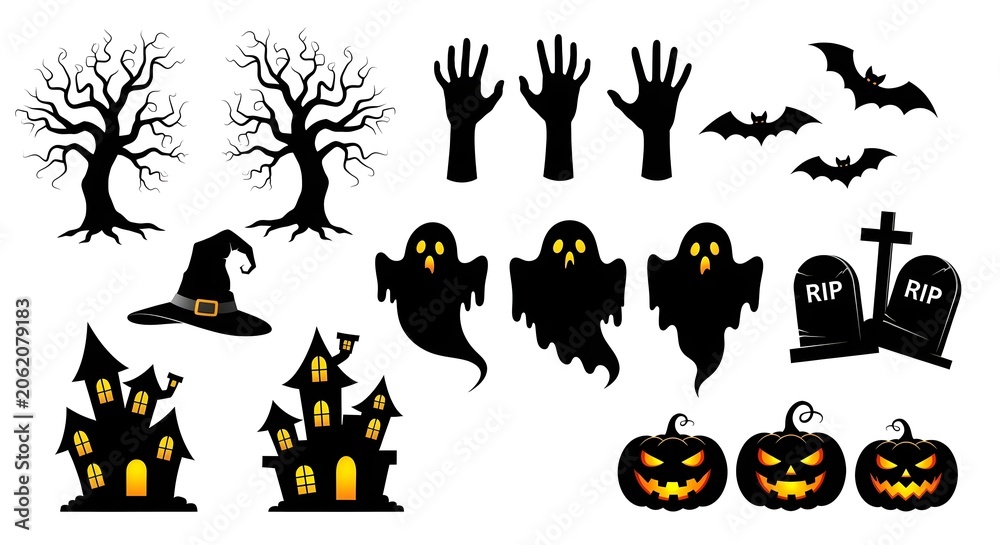 Fototapeta premium Halloween silhouette vector elements set