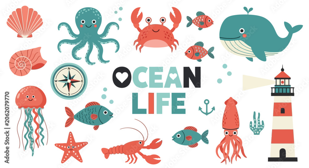 Naklejka premium Ocean Life, Sea Creatures, Marine Animals, Vector Icons, 25 Elements