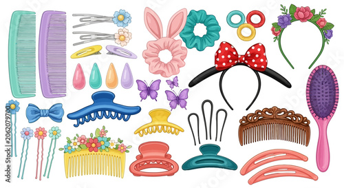 Φωτογραφία Hair accessories, clips, headbands, barrettes, colorful, vector set, 25 elements