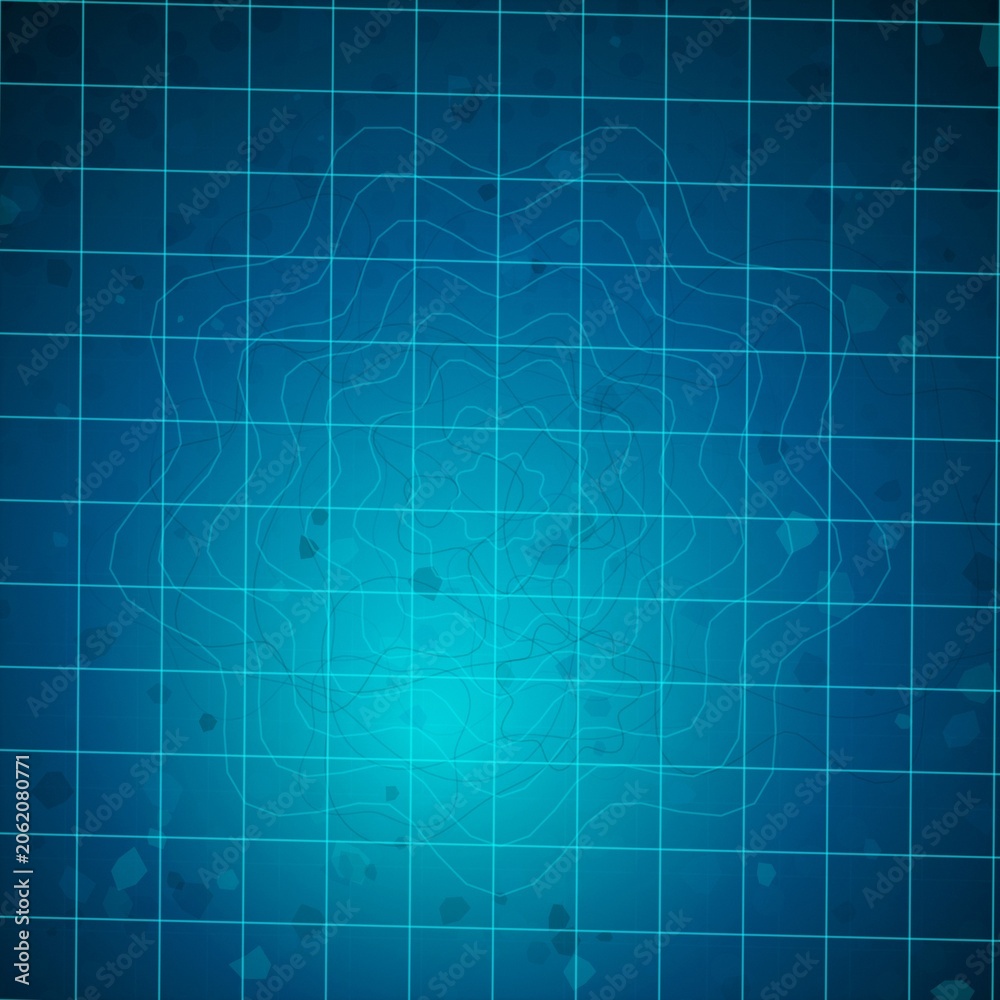 Fototapeta premium Abstract blue grid with contour lines and abstract shapes