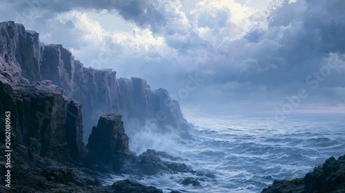 Dramatic Basalt Formations with Atmospheric Skies and Ocean