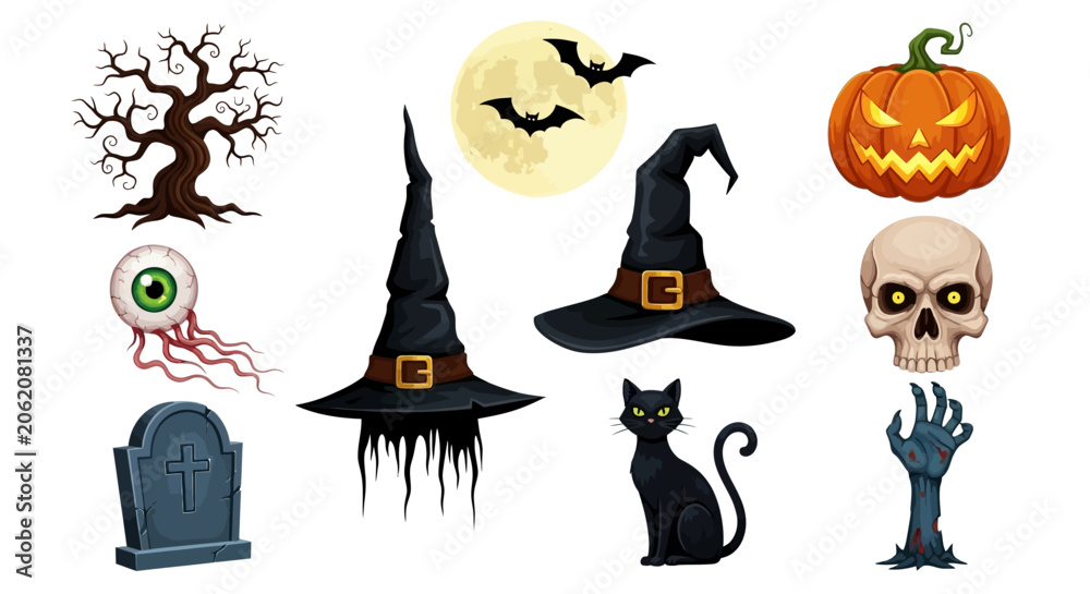 Fototapeta premium Halloween icons, spooky symbols, black cat, witch hats, pumpkin, 9 elements, vector graphics