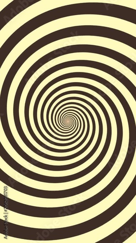Abstract hypnotic spiral background with rotating black and cream-colored concentric rings. Optical illusion vortex animation looping seamlessly, perfect for psychedelic, retro, and hypnotic visual ef