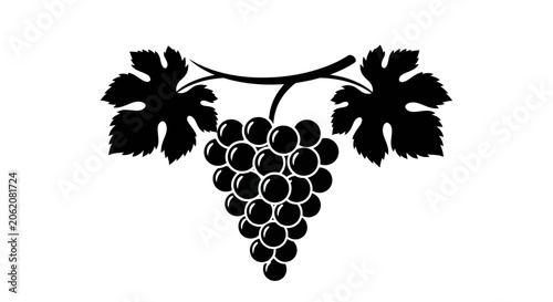 Black grape bunch, vine leaves, fruit icon, food illustration, vector silhouette