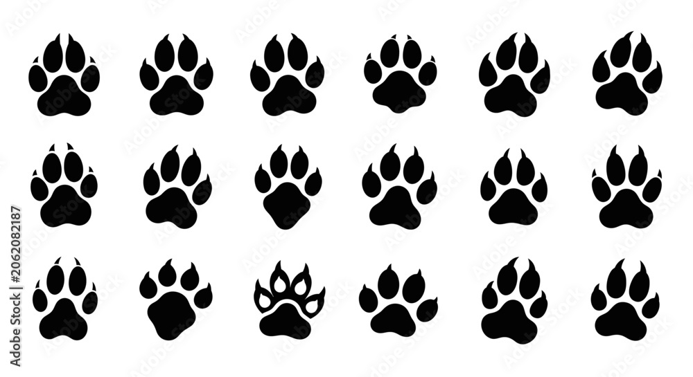 Fototapeta premium Black Animal Paw Prints Silhouette Set Isolated on White Background, Wildlife Tracks Collection