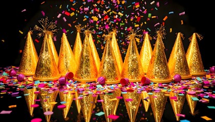 Gold party hats with confetti on a table, birthday anniversary celebration surprise holiday carnival bright glittering decoration layout asset banner