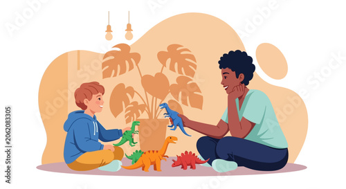 Father and son playing with toy dinosaurs, happy family moment, playtime concept