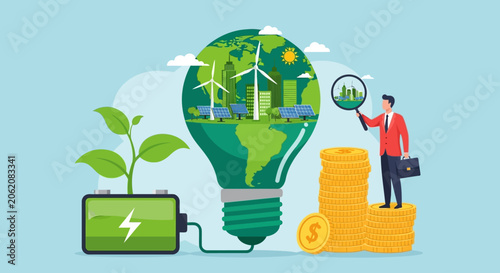 Businessman analyzing eco friendly energy investment, sustainable finance concept, green technology background