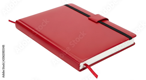 Red closed notebook with black elastic band closure isolated on transparent background