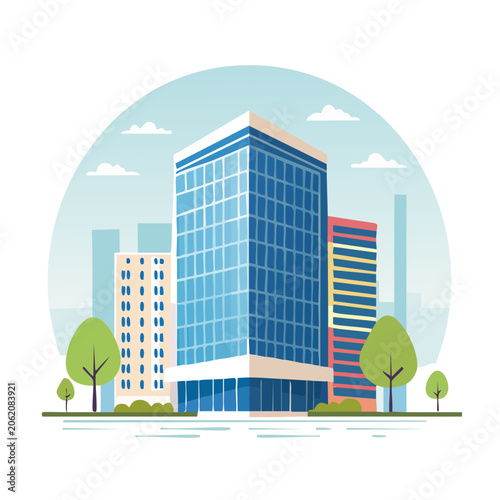 Modern eco skyscraper with flag and trees