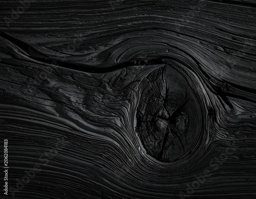 A dark, grayscale image of a wooden surface with a prominent knot