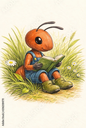 Enchanting Ant Reader A Whimsical Illustration of an Ant Enjoying a Book in Nature