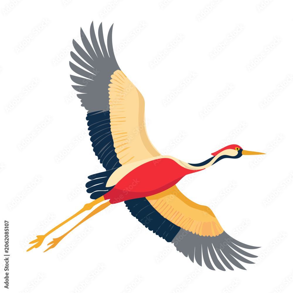 Obraz premium Flying Crane Bird Flat Design Illustration