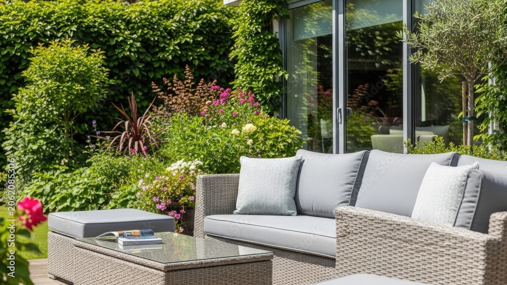 Fototapeta premium Elegant wicker furniture on a lush garden patio
