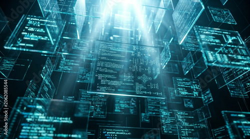 Abstract 3D digital visualization featuring floating transparent panels displaying computer source code, mathematical equations, and algorithms in a glowing teal light matrix.