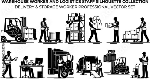 Warehouse Worker and Logistics Staff Silhouette Collection, Delivery and Storage Worker Professional Vector Set