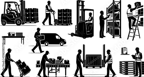 Warehouse Worker and Logistics Staff Silhouette Collection, Delivery and Storage Worker Professional Vector Set