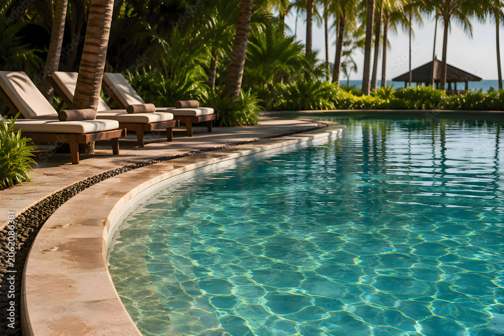 Fototapeta premium Poolside with lounge chairs and palm trees in the background, luxury resort hotel paradise summer vacation relaxation travel holiday scenery backdrop