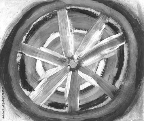 Abstract Wheel Illustration with Radial Spokes and Concentric Circles, Hand Painted Style