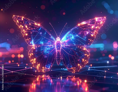 A futuristic butterfly with neon lights and geometric patterns on its wings