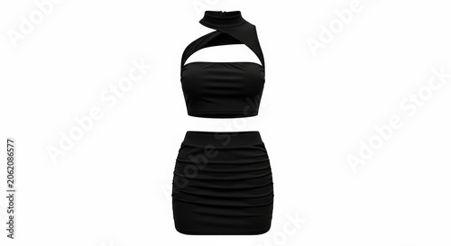 Trendy Black Two-Piece Fashion Set Mockup: Halter Neck Cutout Top and Ruched Mini Skirt