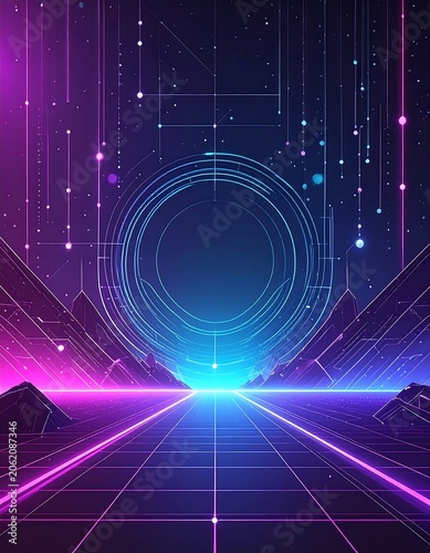 A futuristic neon-lit digital landscape with geometric shapes and vibrant purple, pink, and blue hues