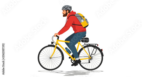 Man riding yellow bicycle, cyclist with backpack, urban commute concept
