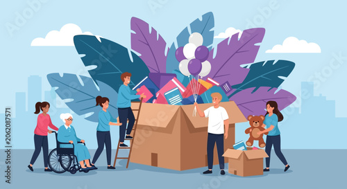 Diverse people moving house, cardboard boxes and colorful furniture, teamwork concept, flat illustration