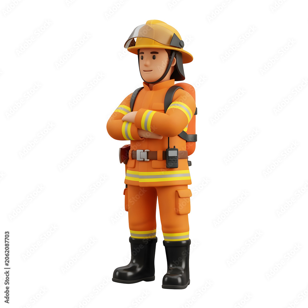 Fototapeta premium Cartoon firefighter in uniform with helmet and gear