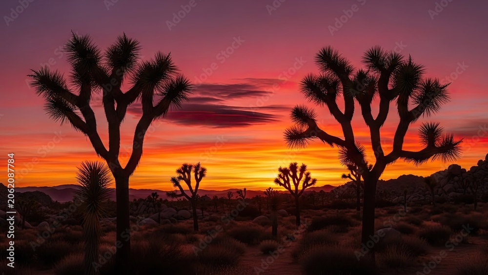 Obraz premium Joshua trees silhouette against dramatic sunset desert landscape.