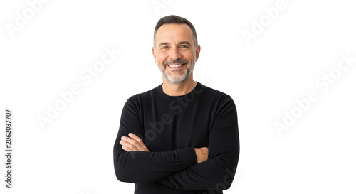 Smiling middle aged man with arms crossed wearing black shirt isolated on transparent background