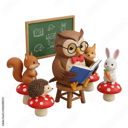 Cute cartoon dog sitting with cat and toy train