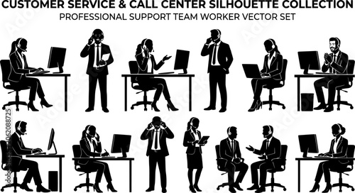 Customer Service and Call Center Silhouette Collection, Professional Support Team Worker Vector Set