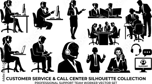 Customer Service and Call Center Silhouette Collection, Professional Support Team Worker Vector Set