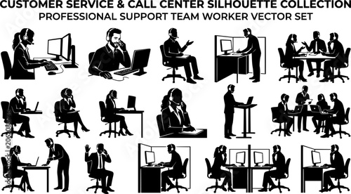 Customer Service and Call Center Silhouette Collection, Professional Support Team Worker Vector Set
