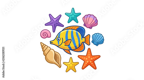 Colorful Tropical Fish and Sea Shells Illustration