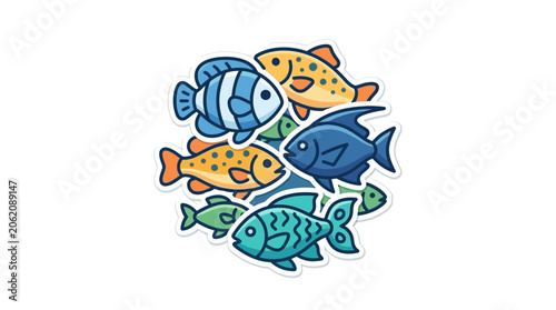 Colorful Tropical Fish Cluster Sticker Illustration