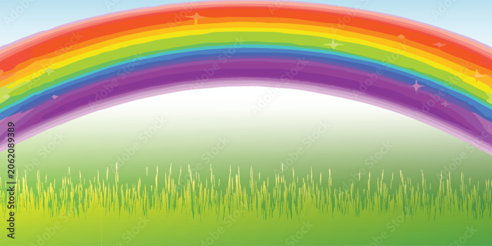 Fototapeta premium Vibrant Rainbow Arching Over Lush Green Grass Field.