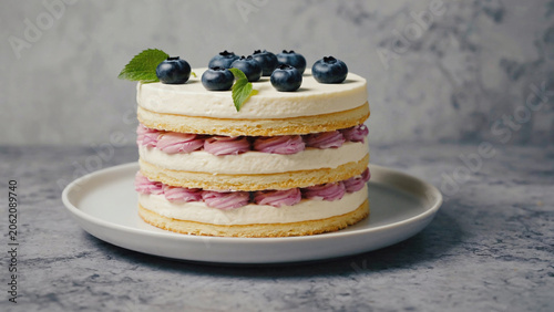 round layered moist milk cake with blueberries topping in white plate.ai 