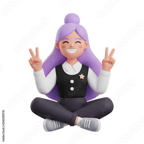 Cartoon girl with star hands in purple dress