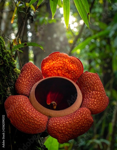 A large, vibrant red flower with a distinctive shape and texture blooms in a lush, green forest