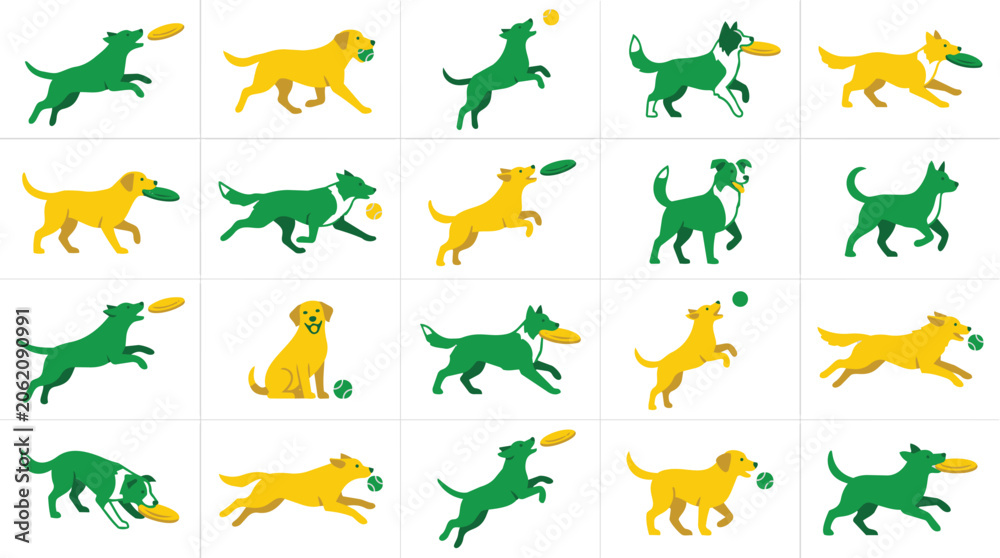 Obraz premium Collection of colorful dog silhouettes playing fetch with balls.