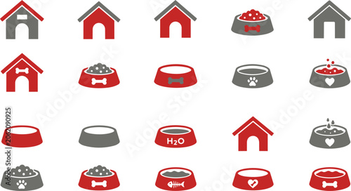 Collection of dog house and food bowl icons in red and gray.