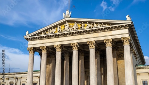 A low-angle shot of a grand building's facade with columns and ornate details against a blue sky with wispy clouds