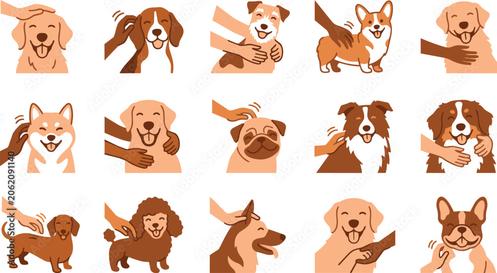 Fototapeta premium Collection of happy dogs receiving pets and scratches from human hands.