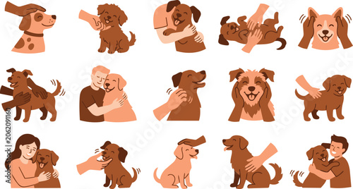 Cute dogs and people hugging and playing together in various poses.