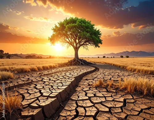 A lone tree stands on parched earth with a vibrant sunset