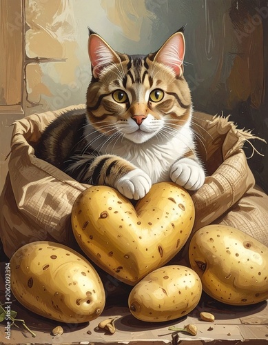 Cat with potatoes in sack