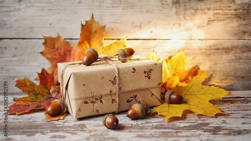 autumn leaves flat with brown paper wrapped giftbox on wooden background.ai  