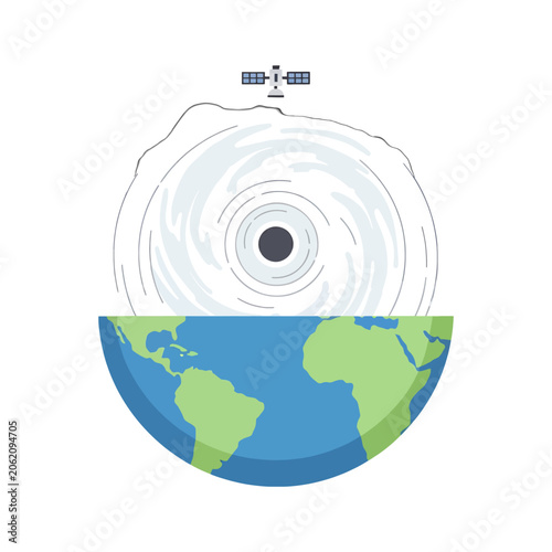 A satellite orbits above a large storm system rotating over the planet surface